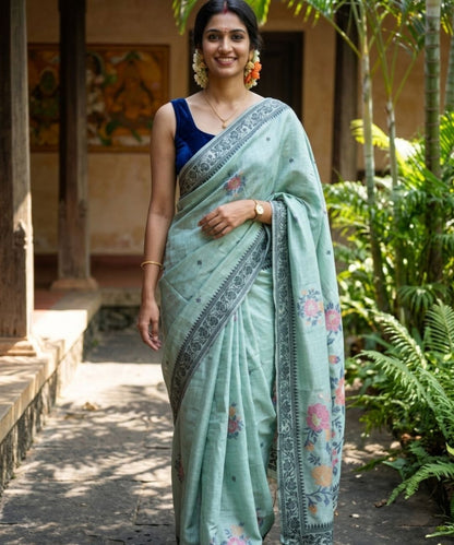 Sage green chanderi cotton jamdani saree