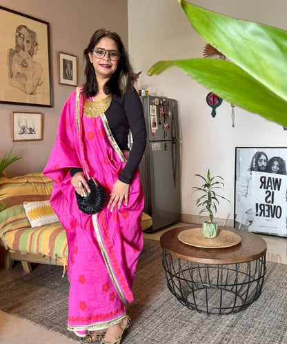 Rani pink blockprinted chanderi silk saree
