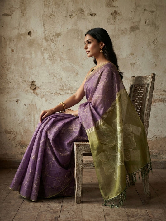 Purple Green Tissue Silk Floral Saree