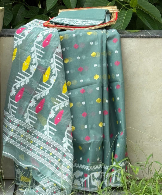 Sage Green Dhakai Jamdani Saree