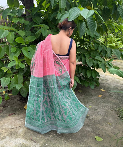 Rust Green Dhakai Jamdani Cotton saree