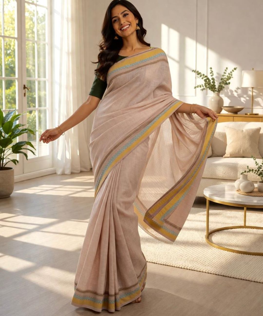 Old rose hand blockprinted cotton saree
