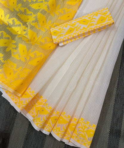 White Yellow Self Checks Bengal Jamdani saree