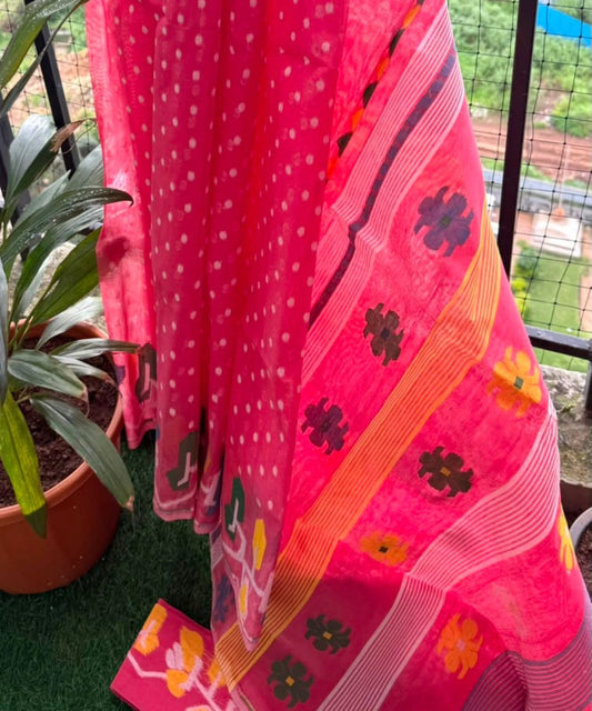Carrot Red Bengal Jamdani saree