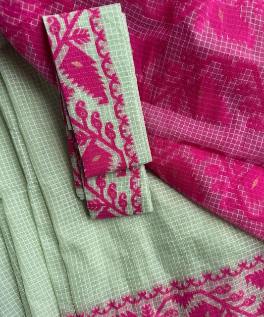 Green Pink Bengal Jamdani Cotton Saree