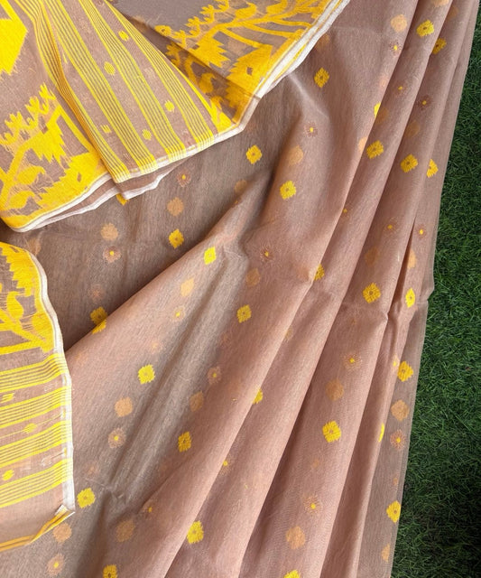 Beige Yellow Bengal Jamdani Cotton Saree