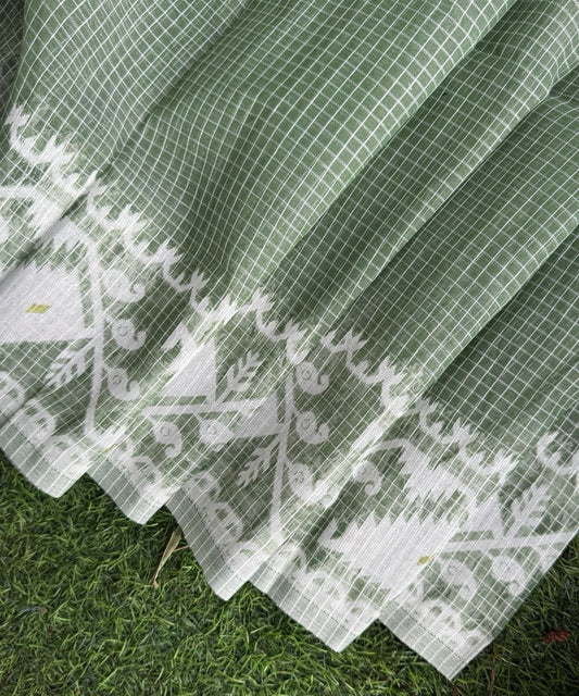 Sage green & White Bengal Jamdani Cotton Saree