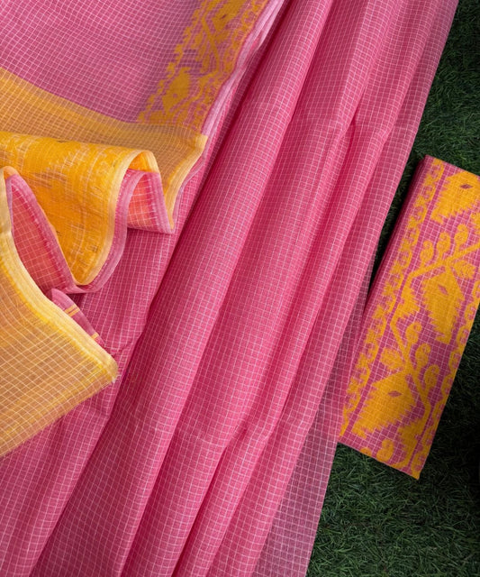 Pink Yellow Bengal Jamdani Cotton Saree