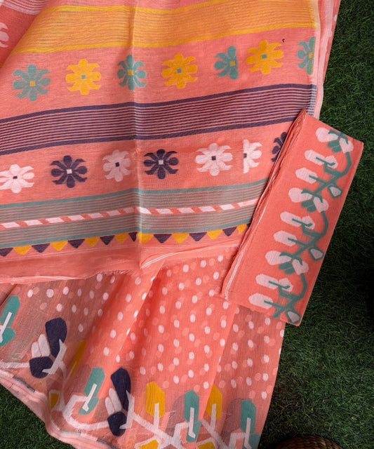 Peach Bengal Jamdani Saree