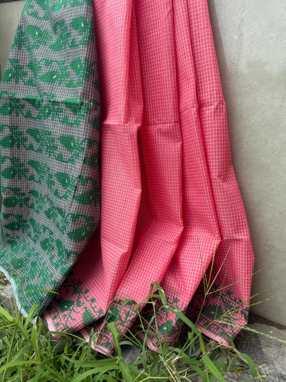 Rust Green Dhakai Jamdani Cotton saree