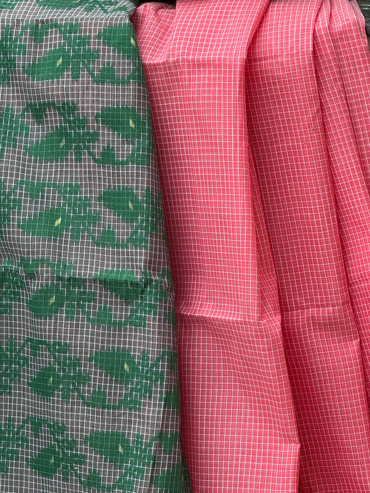 Rust Green Dhakai Jamdani Cotton saree