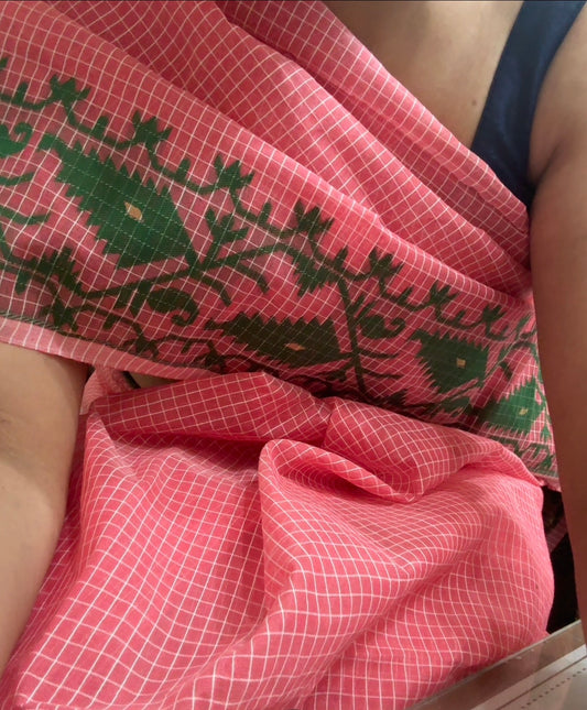 Rust Green Dhakai Jamdani Cotton saree