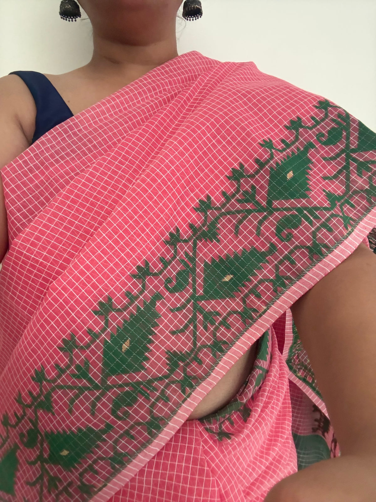 Rust Green Dhakai Jamdani Cotton saree