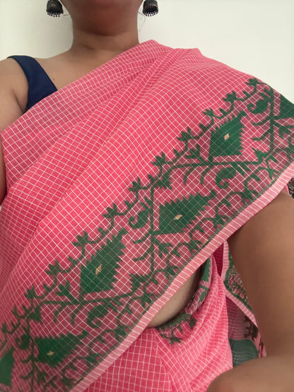 Rust Green Dhakai Jamdani Cotton saree