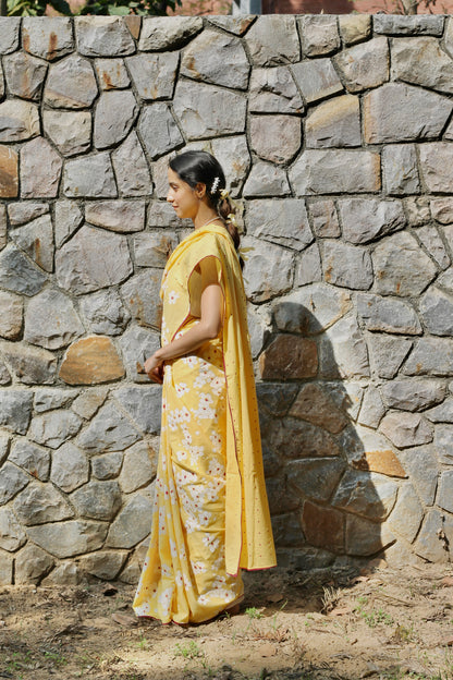 Yellow summer child block printed mulmul saree