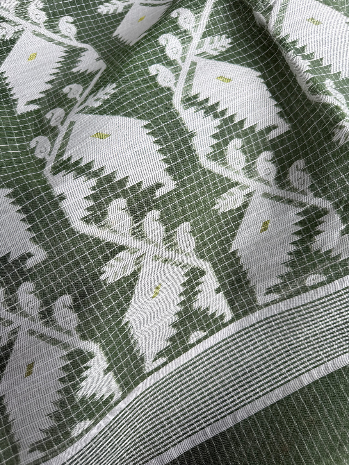 Sage green & White Bengal Jamdani Cotton Saree