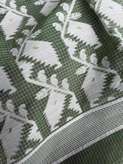 Sage green & White Bengal Jamdani Cotton Saree