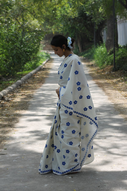 White summer bloom block printed mulmul saree