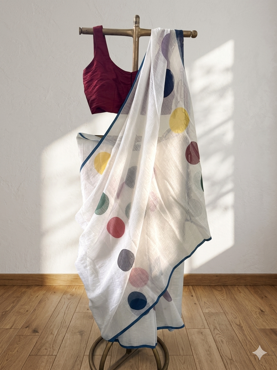 White linen cotton saree