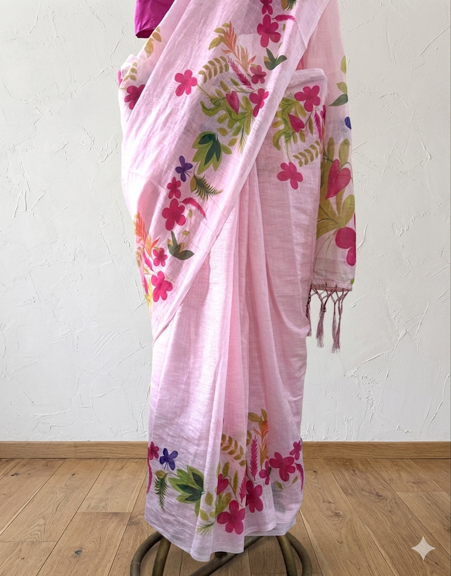 Pink floral cotton saree