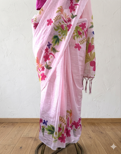 Pink floral cotton saree