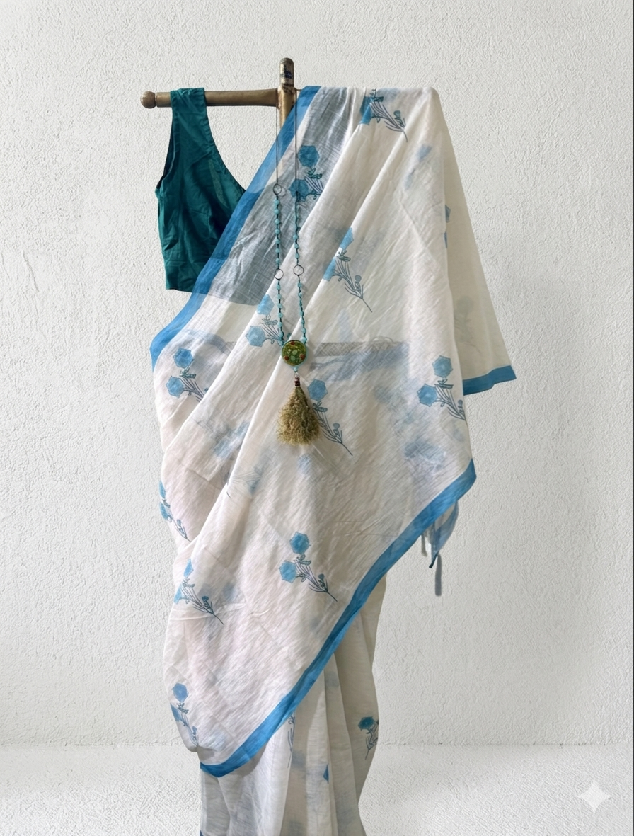 White linen cotton print saree