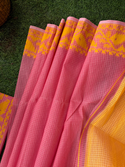 Pink Yellow Bengal Jamdani Cotton Saree