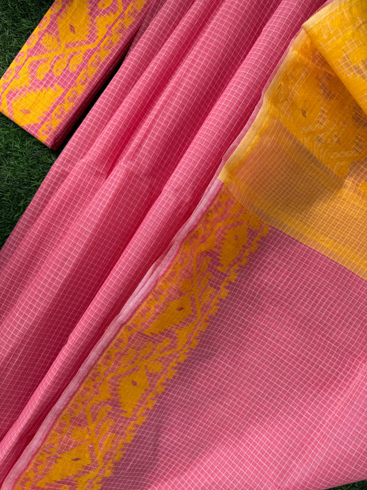 Pink Yellow Bengal Jamdani Cotton Saree