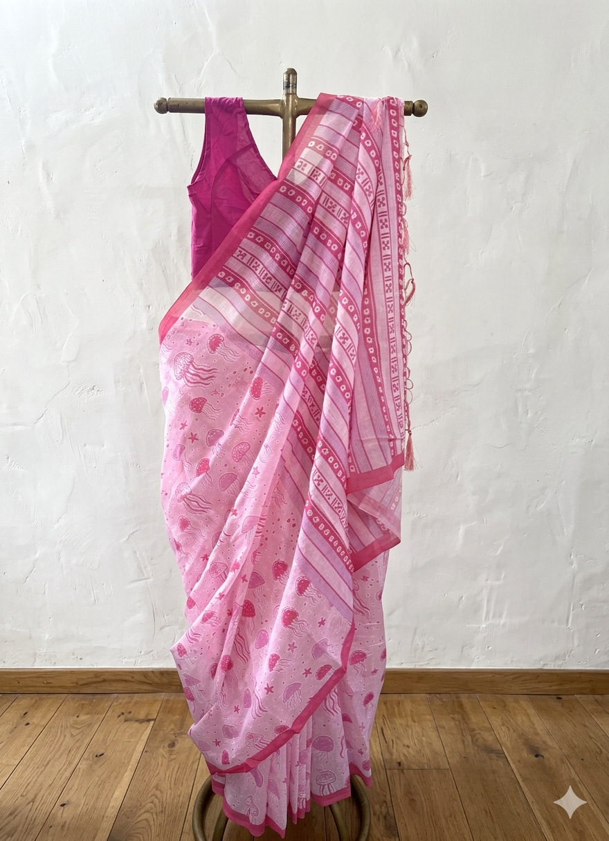 Pink linen cotton printed saree