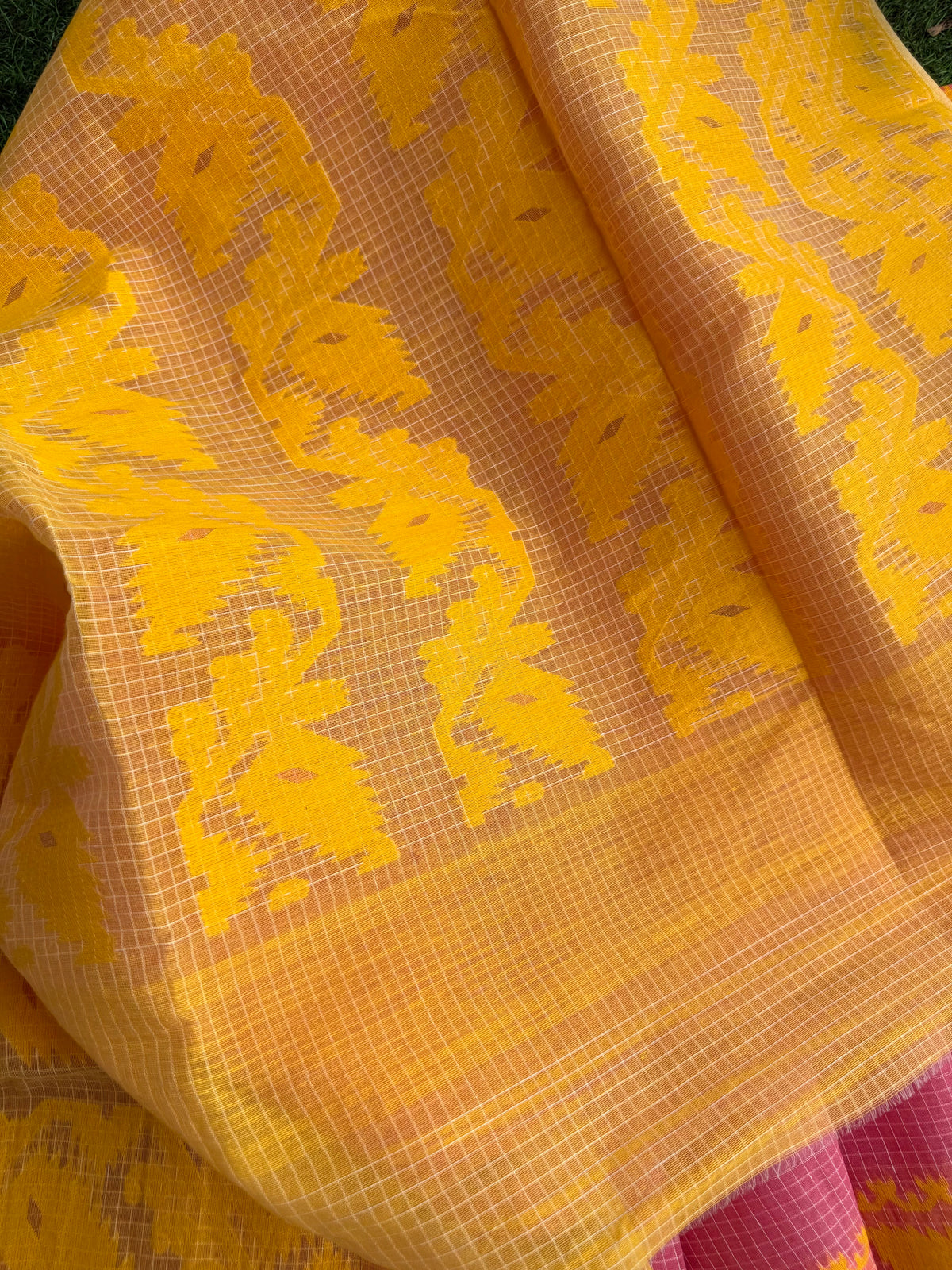 Pink Yellow Bengal Jamdani Cotton Saree