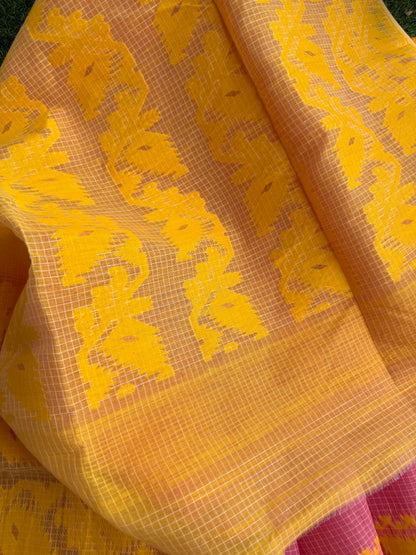Pink Yellow Bengal Jamdani Cotton Saree