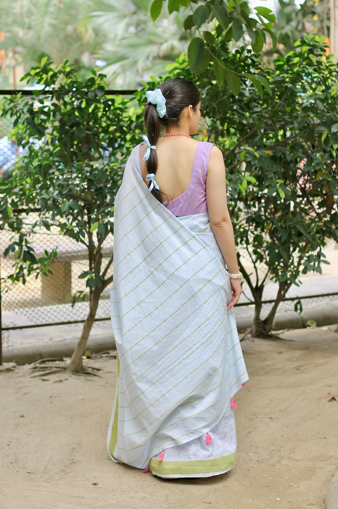 Blue summer morning block printed mulmul saree