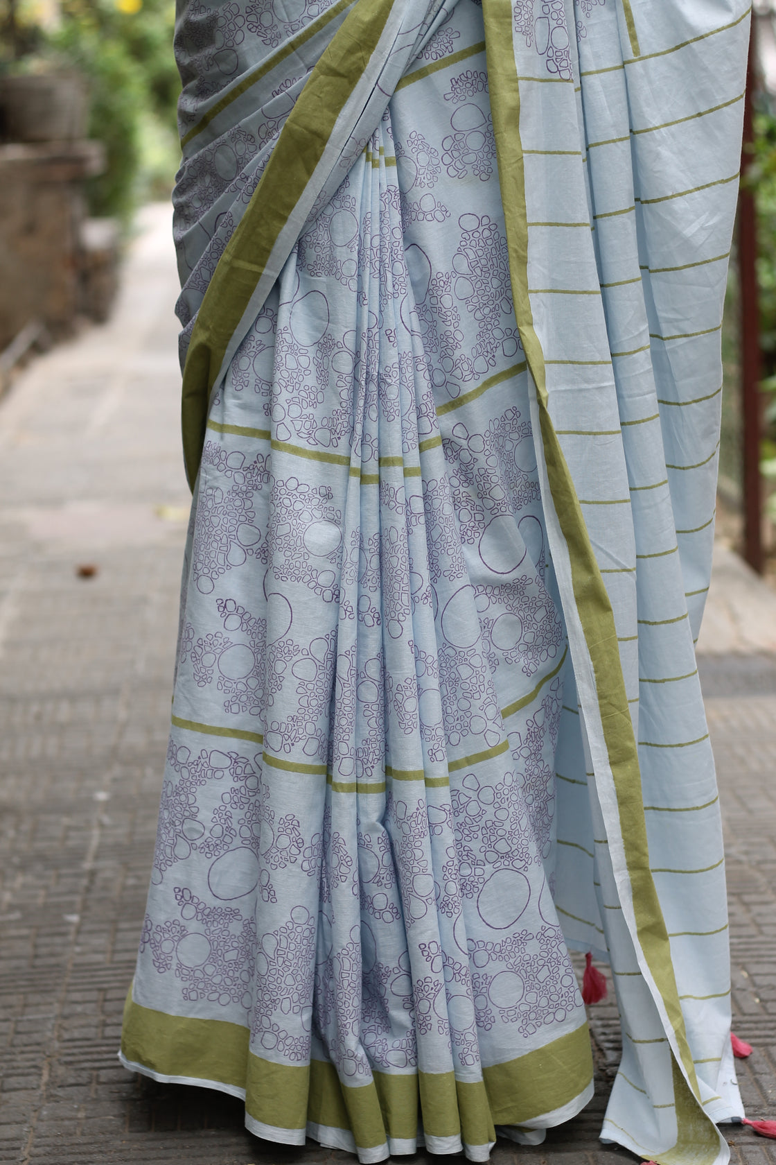 Blue summer morning block printed mulmul saree