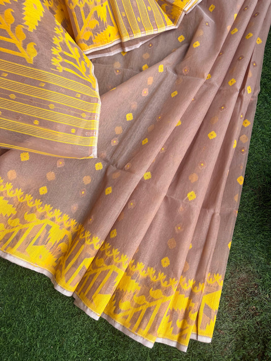Beige Yellow Bengal Jamdani Cotton Saree