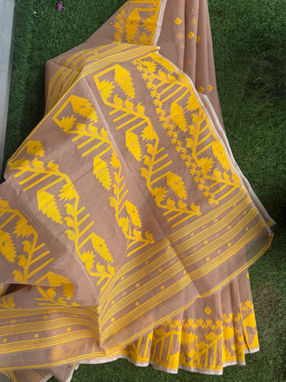 Beige Yellow Bengal Jamdani Cotton Saree
