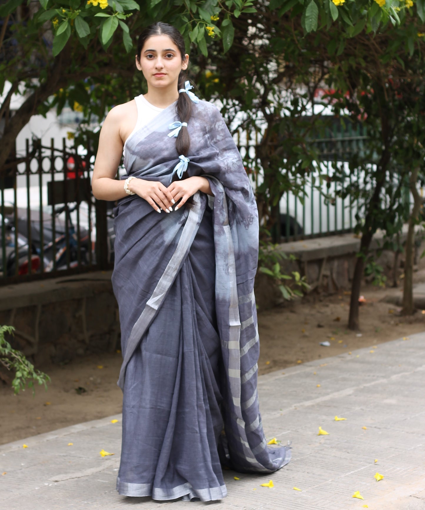 Grey tie & dyed handwoven linen saree