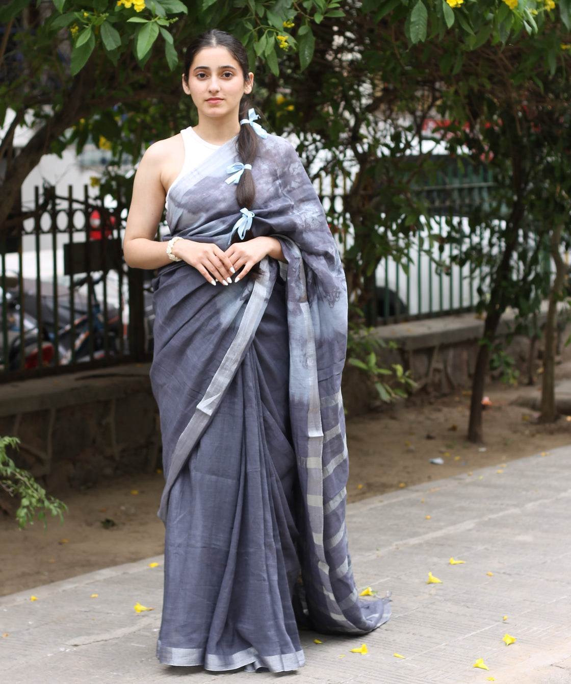Grey tie & dyed handwoven linen saree