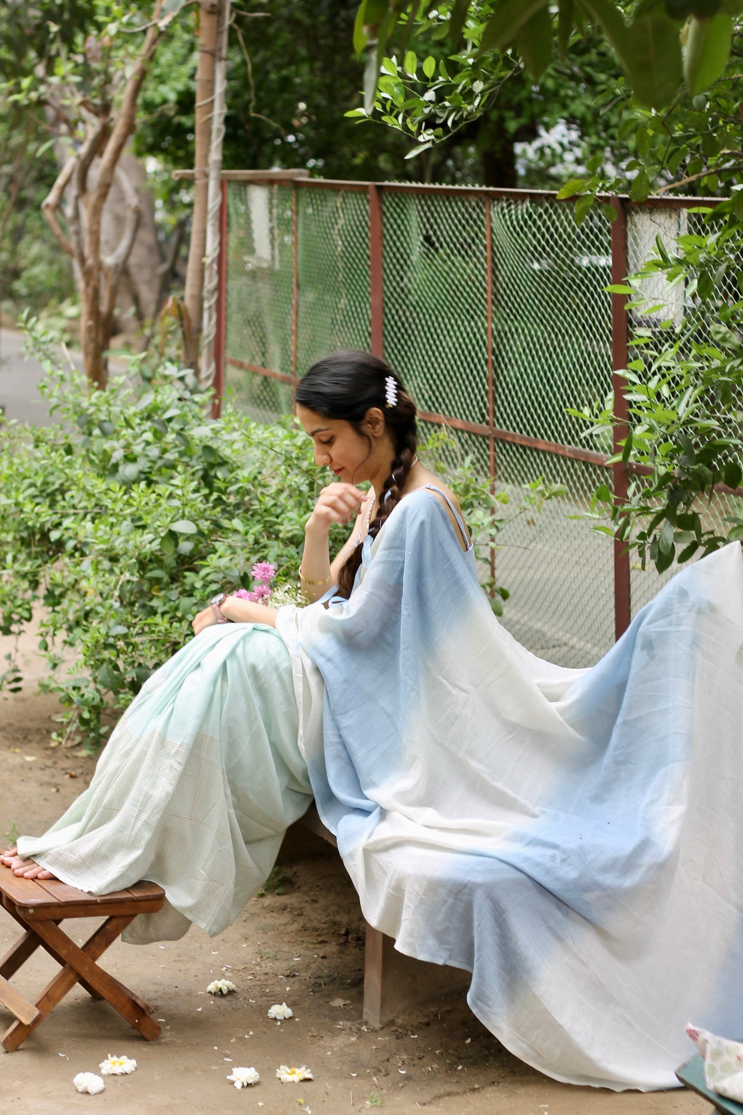 Blue endless summer block printed mulmul saree