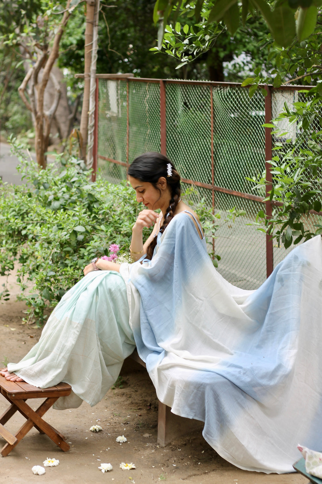 Blue endless summer block printed mulmul saree