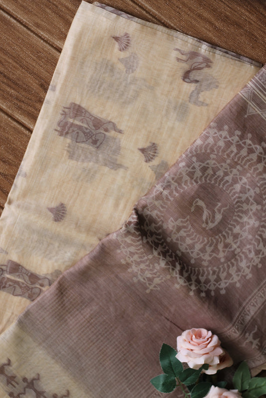 Brown varli chanderi cotton saree