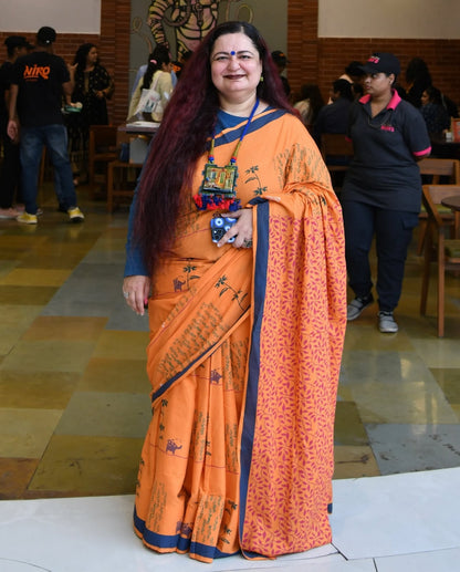 Orange summer candy block printed mulmul saree