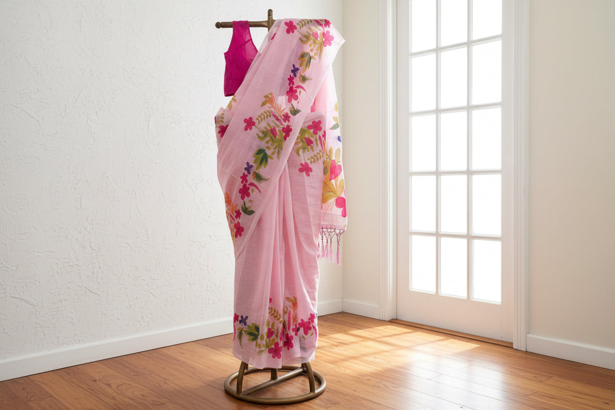 Pink floral cotton saree