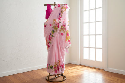 Pink floral cotton saree