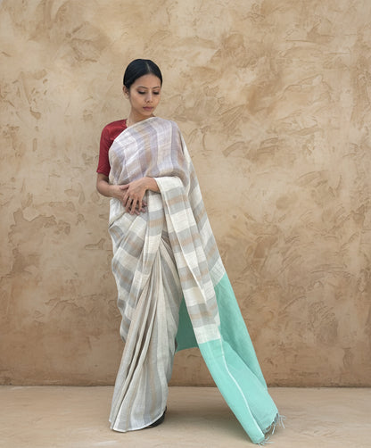 White striped handwoven linen saree