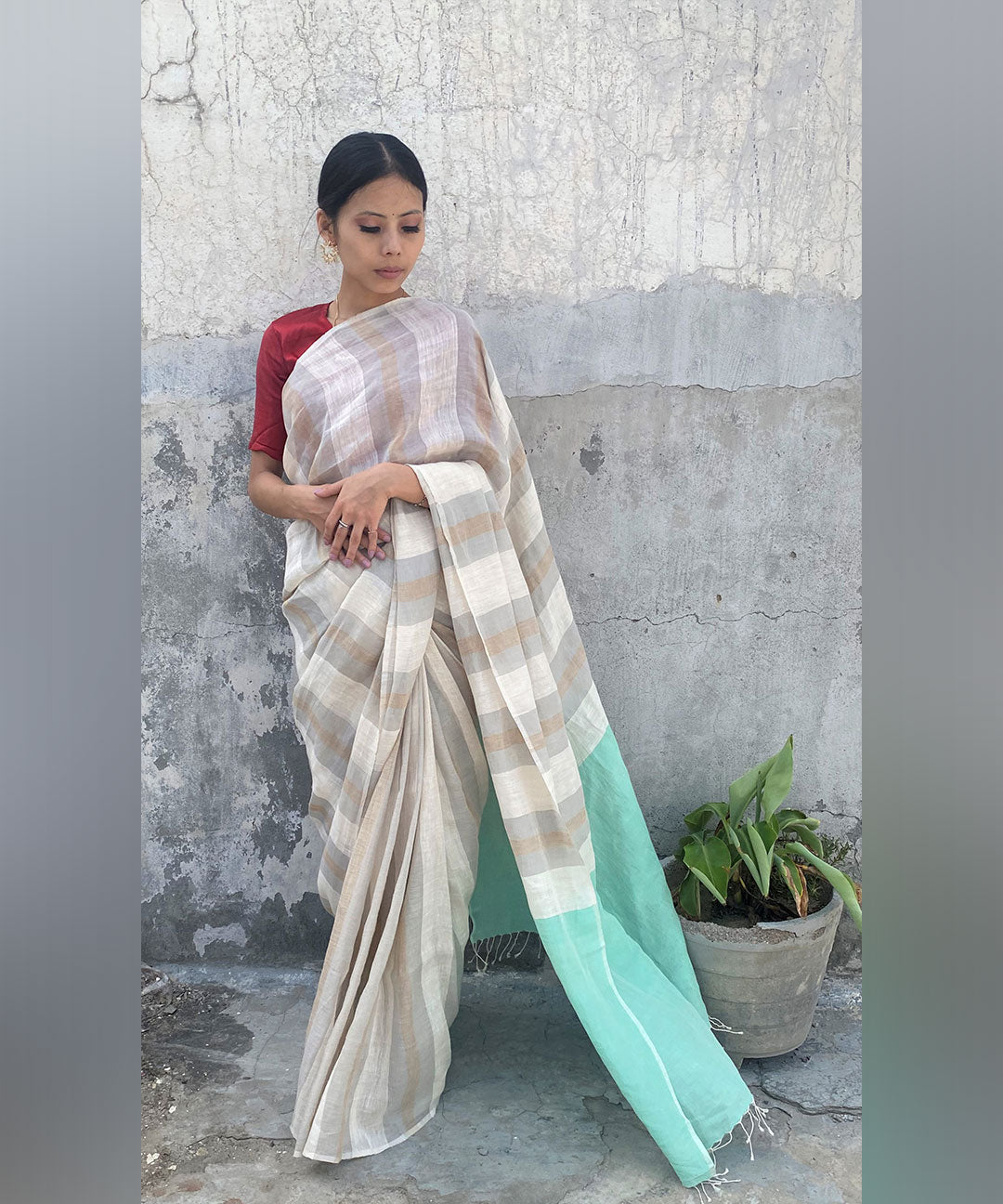 White striped handwoven linen saree