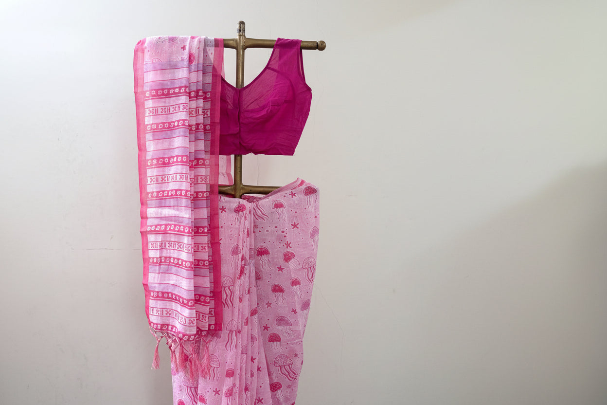 Pink cotton printed saree