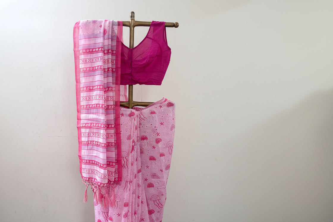 Pink linen cotton printed saree