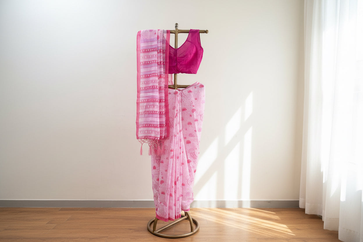 Pink cotton printed saree