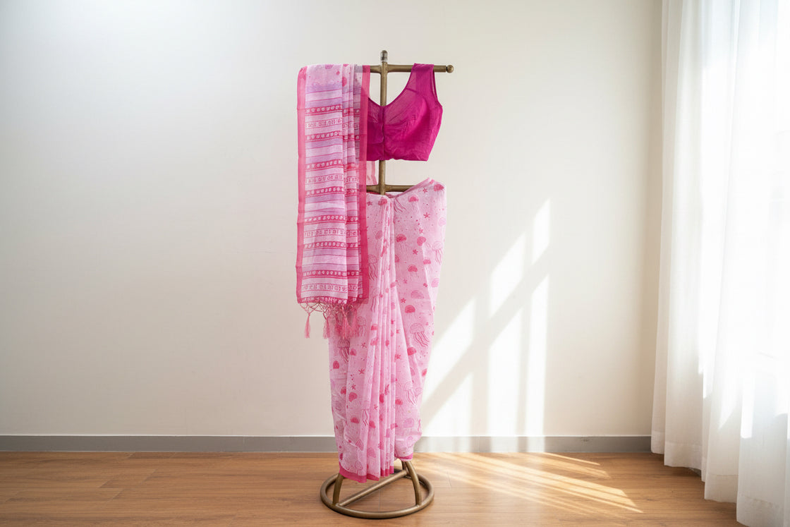 Pink linen cotton printed saree