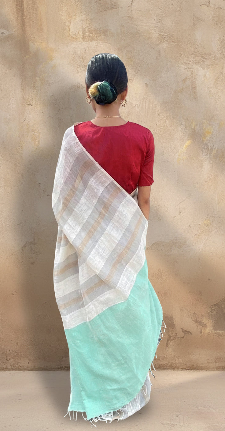 White striped handwoven linen saree